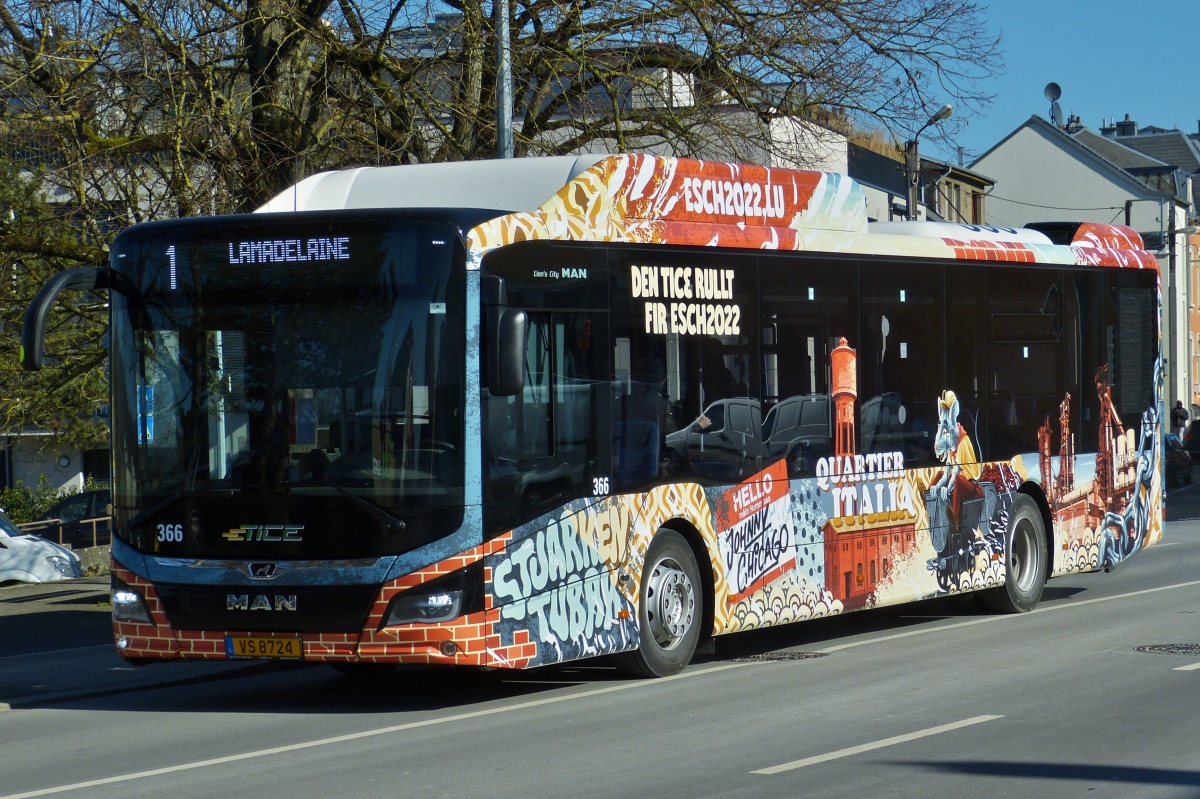 VS 8724, MAN Lion’s City, vom Tice, im Farbkleid fr die Kulturstadt 2022 Esch-Alzette, unterwegs in Petange. 28.02.2022 