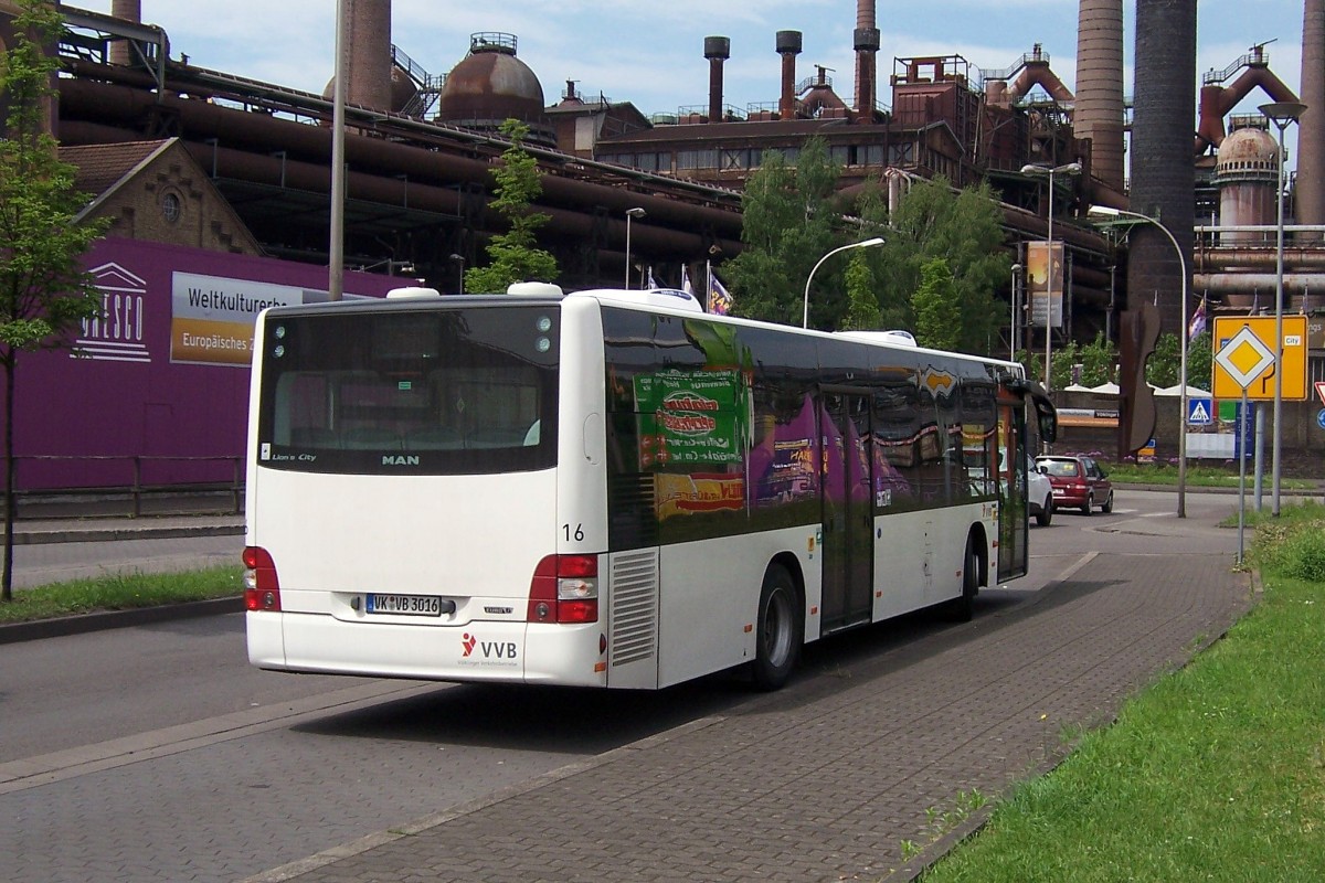 Wagen 16 der Völklinger Verkehrsbetriebe ein MAN LC 323 mit EZ 2015 am 16.05.2015.