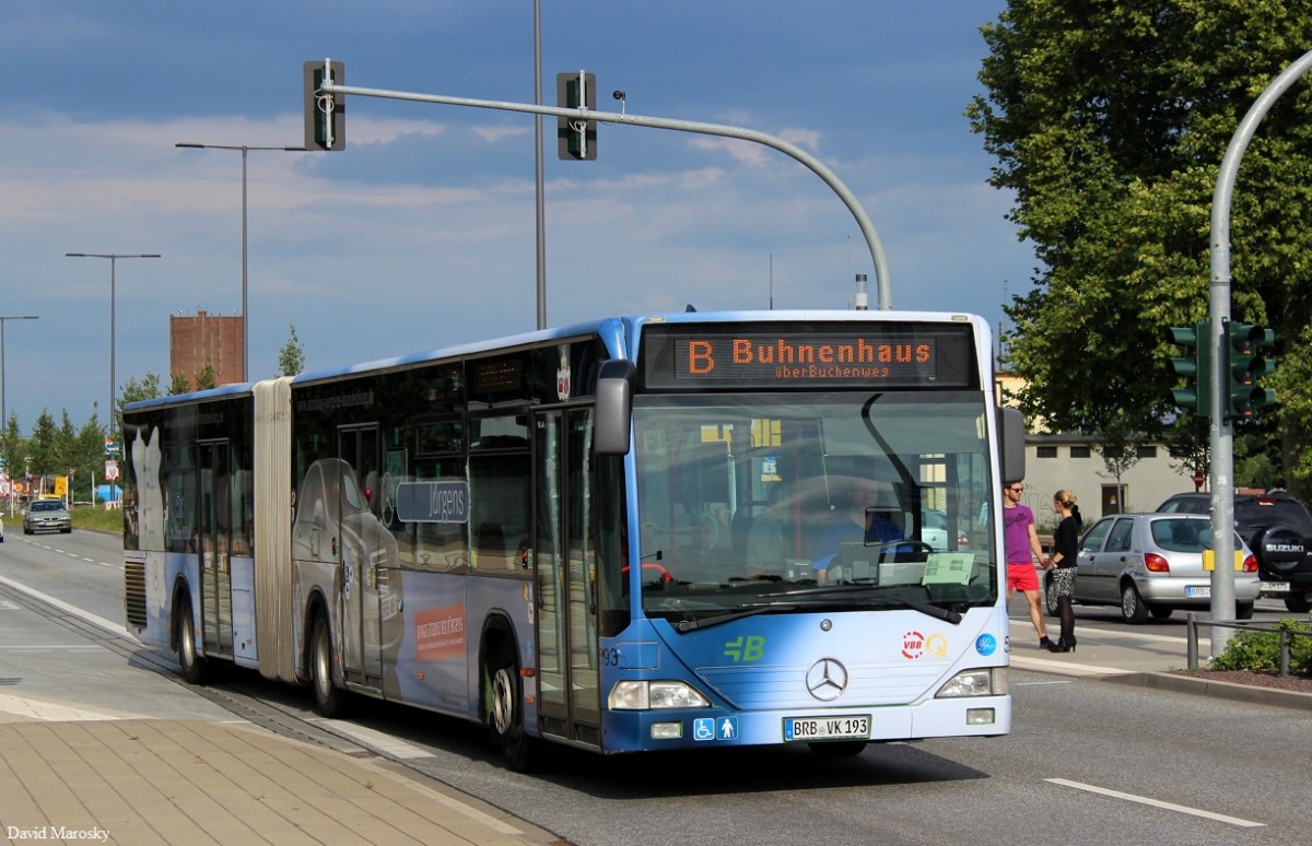 Wagen 593 der VBBr am 21.08.2014 auf dem Weg zum Buhnenhaus. (Citaro G I) 
