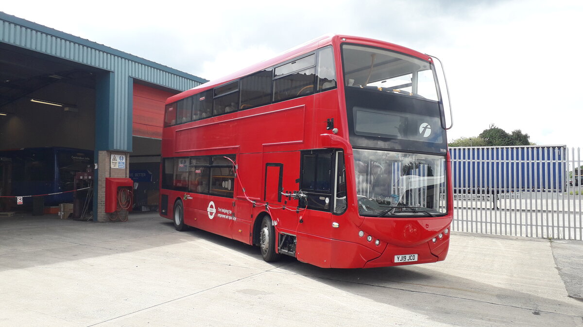 YJ19 JCO
2019 Optare (Switch Mobility) MetroDecker EV
Optare H41/22D

This was a London specification bus, used by Optare as a demonstrator, entering service with First London as fleet number 39599.  Photographed here at Optares' facility in Hellaby, near Rotherham on 9th August 2021, presumably being tested.