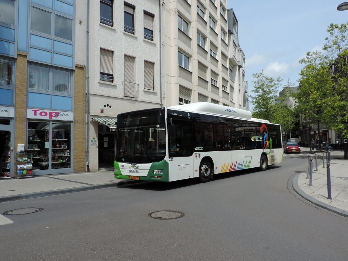 ZG 9980, M.A.N Lion's City CNG, Wagen 334, am 20. Mai 2021 auf der Linie 14 in Differdange abgelichtet.