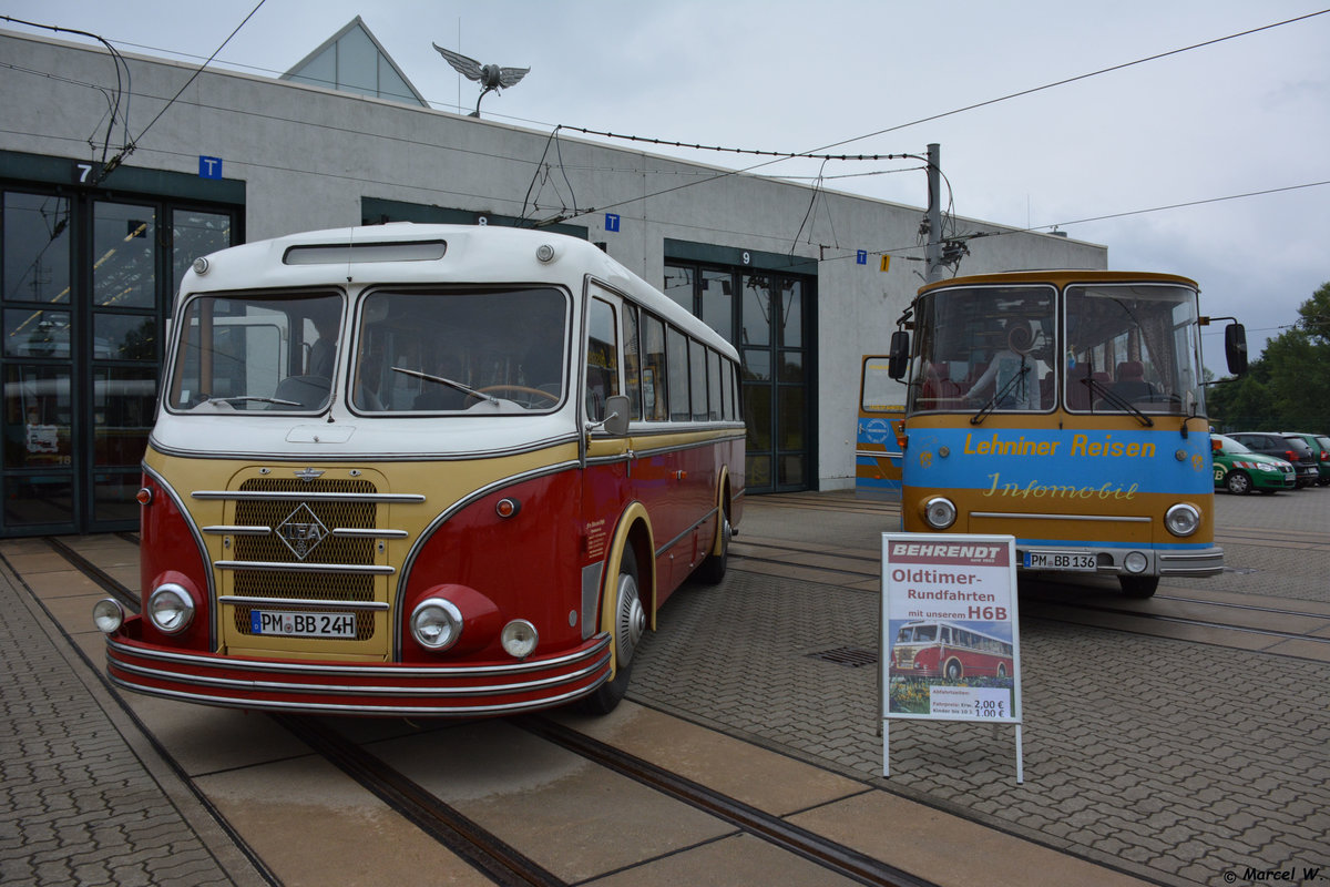 Zur Feier  120 Jahre Straßenbahn in Brandenburg an der Havel  steht dieser IFA H6B zur Rundfahrt bereit. Aufgenommen am 01.07.2017.