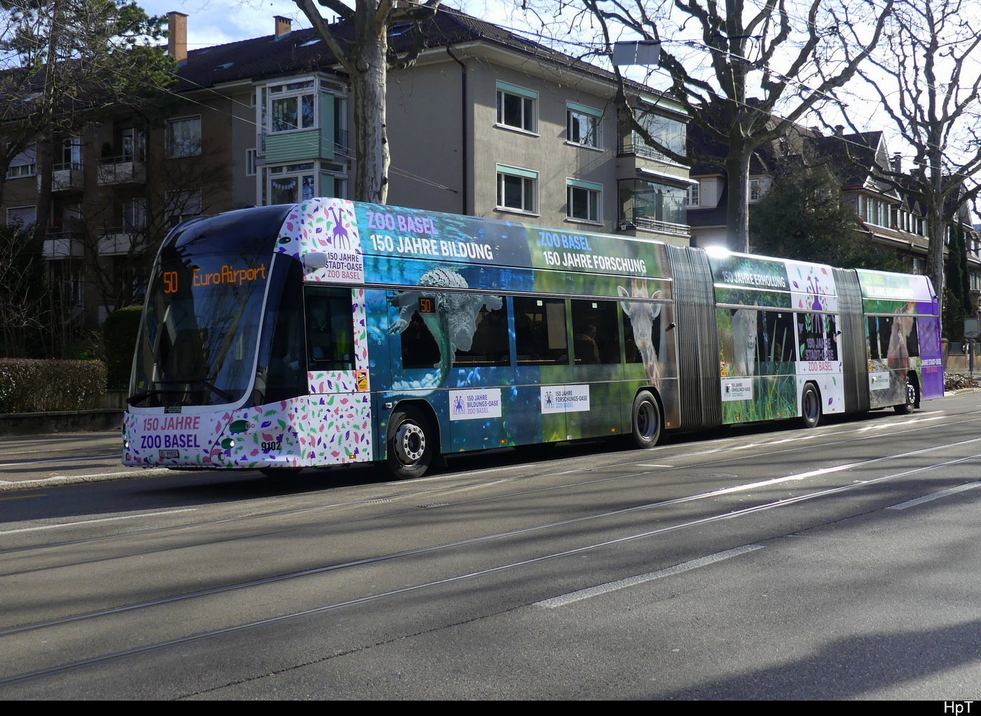 BVB - Hess E-Bus Nr.9102  BS 99802 mit Werbung für 150 Jahre ZOO Basel unterwegs in Basel am 04.02.2024