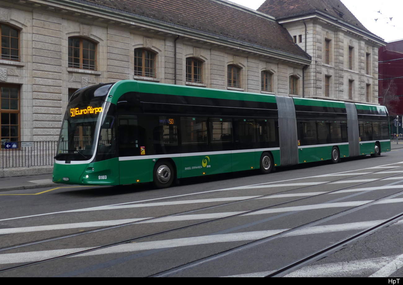 BVB - Hess E-Bus Nr.9103  BS 99803 vor dem SBB Bahnhof in Basel am 19.03.2023