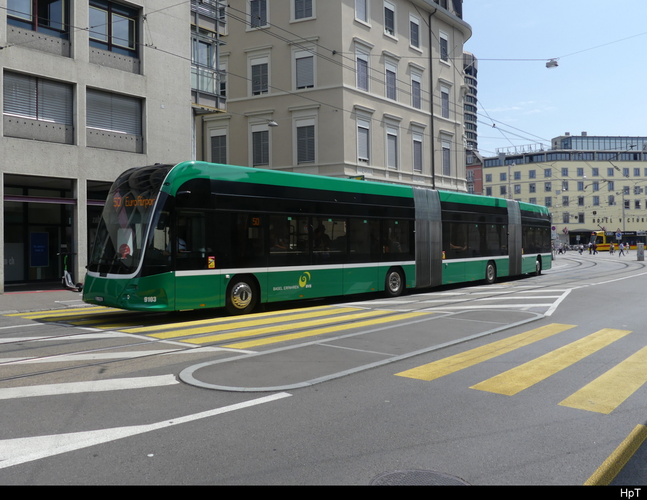 BVB - Hess-E Bus Nr.9103  BS  99803 unterwegs aus der Linie 50 in Basel am 17.07.2023