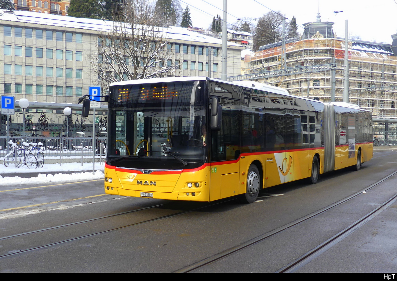 Postauto - MAN Lion`s City  TG  52207 unterwegs beim Bhf. St. Gallen am 21.01.2024