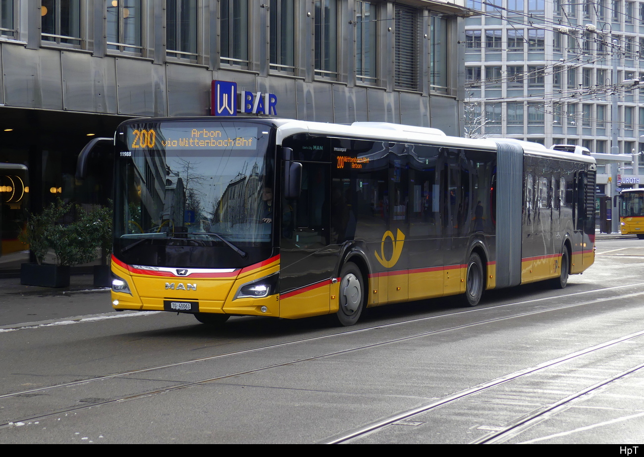 Postauto - MAN Lion`s City Hybrid  TG 40063 unterwegs beim Bhf. St. Gallen am 21.01.2024