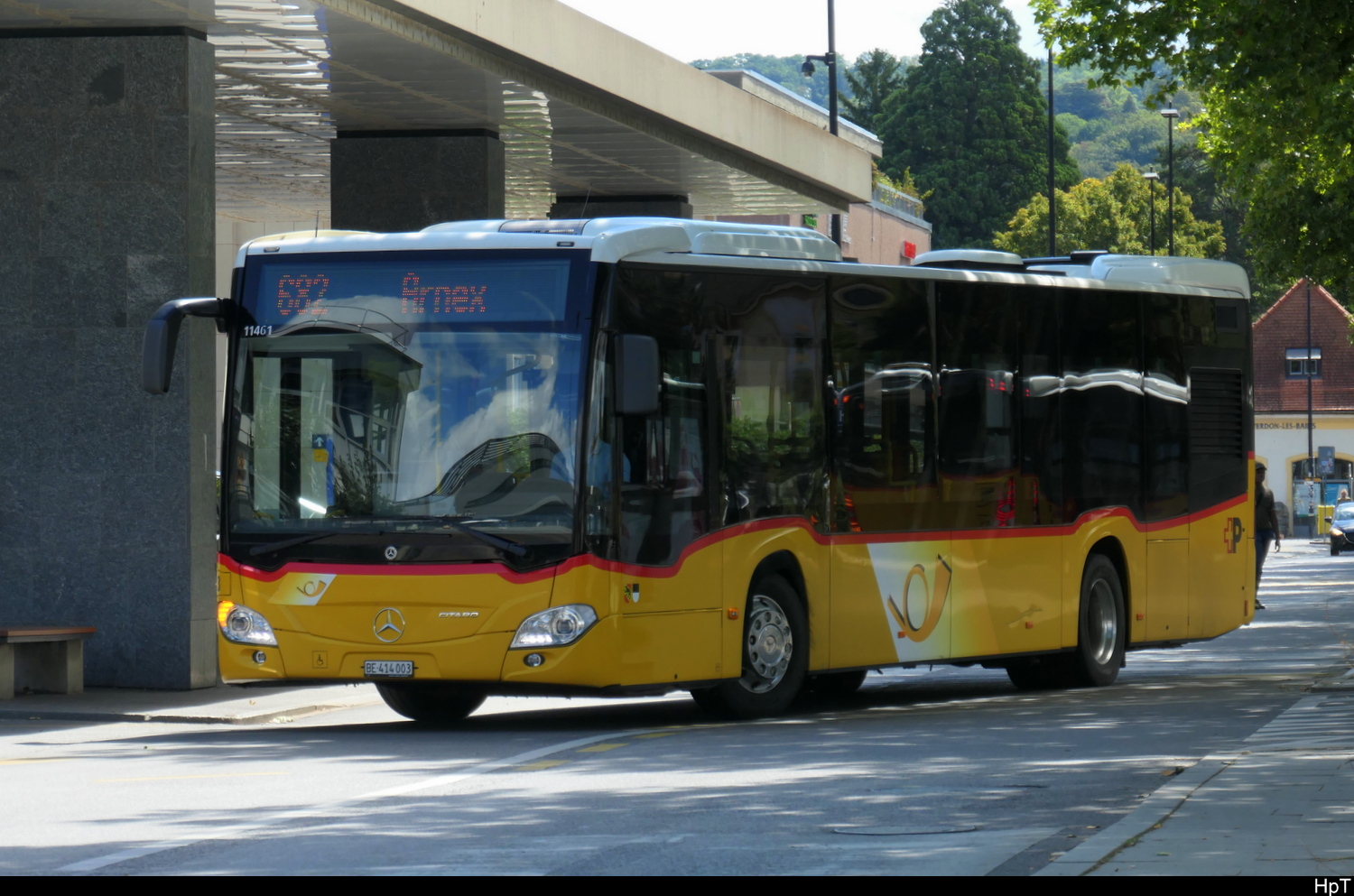 Postauto - Mercedes Citaro  BE 414003 unterwegs in Yverdon bei den Haltstellen vor dem Bahnhof in Yverdon am 27.07.2026