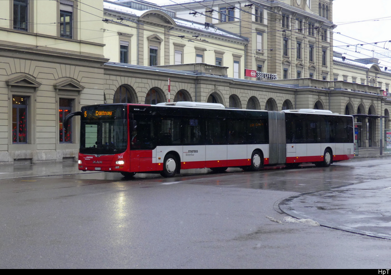 Stadtbus Winterthur - MAN Lion`s City Nr.364  ZH 540364 unterwegs bei leichtem Schneefall in Winterthur am 2023.01.22