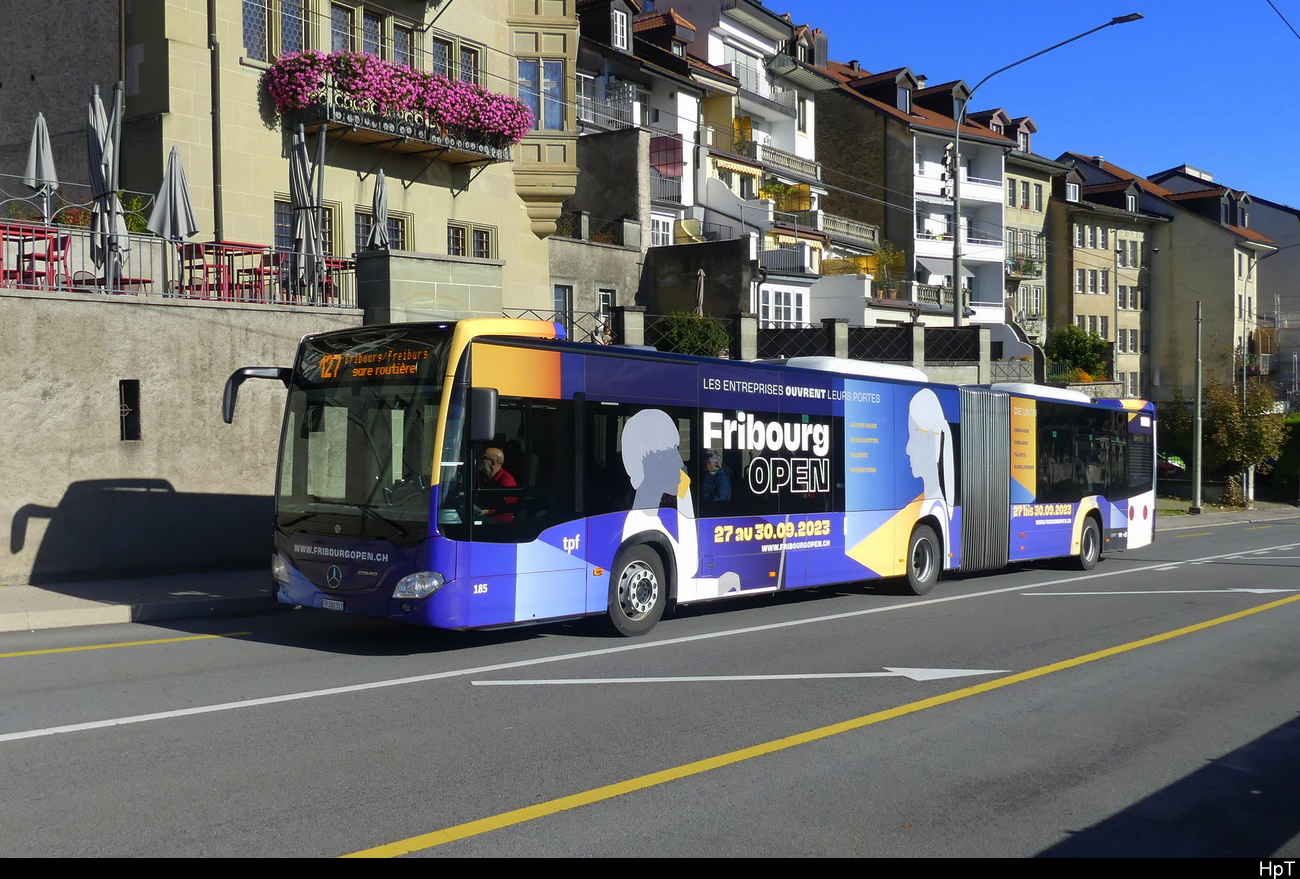 tpf - Mercedes Citaro  Nr.185  FR  300311 unterwegs mit Werbung in Freiburg am 22.10.2023