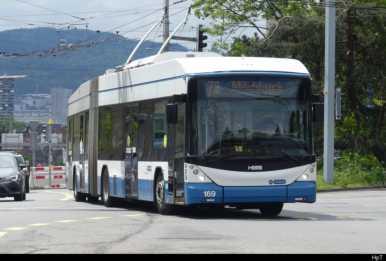 VBZ - Hess Trolleybus Nr.169 unterwegs auf der Linie 72 in der Stadt Zürich am 07.05.2023