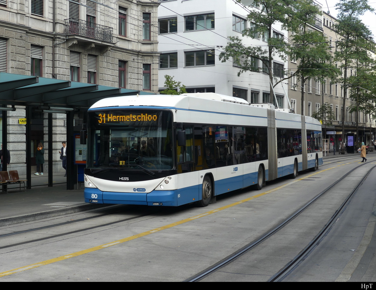 VBZ - Trolleybus Nr.80 unterwegs auf der Linie 31 in der Stadt Zürich am 04.10.2022