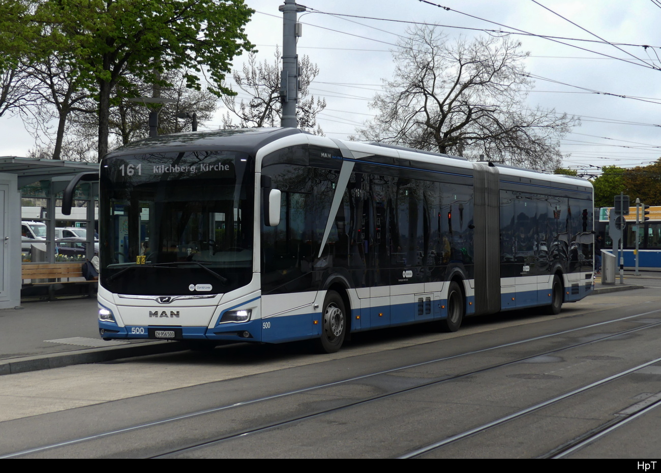 VBZ Zürich - MAN Lion`s City E  Nr.500 unterwegs auf der Linie 161 in der Stadt Zürich am 20.04.2023