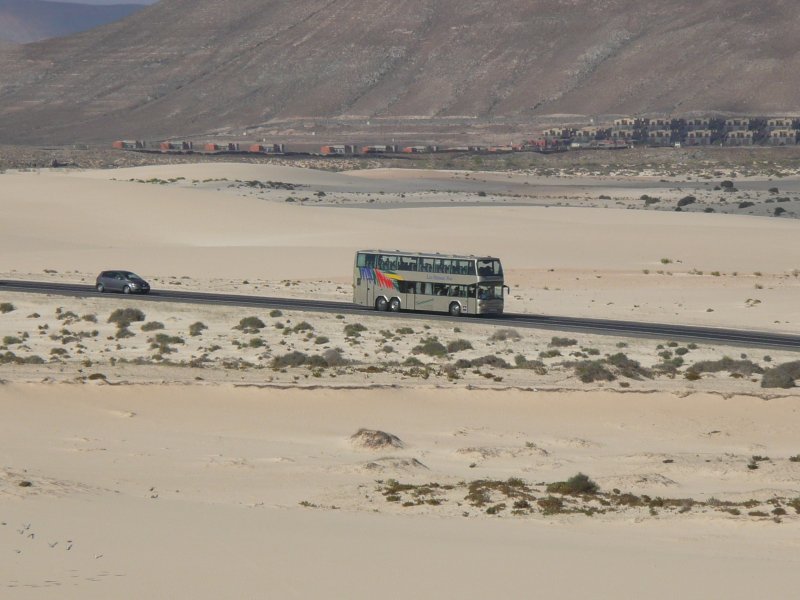 01.07.09,Reisebus von Las Palmas Bus fhrt durch den Parque Natural de las Dunas de Corralejo auf Fuerteventura.