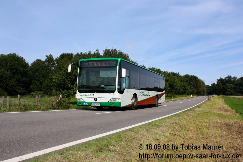 18.09.08: Der MZG-BJ 70, ein Citaro Facelift , fhrt fr die Firma Behles aus Merzig. Hier wurde der Wagen im Auftrag der RSW auf die Fahrt vom Schulzentrum Ottweiler nach Schiffweiler geschickt. Das Bild entstand kurz vor dem Ortseingang Schiffweiler. Wo man nicht so rumkrabbelt, um einen recht neuen Wagen abzulichten... 