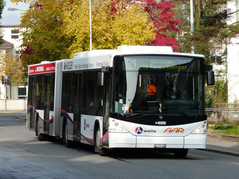 AAR - Scania-Hess Bus Nr.168  AG 374168 unterwegs auf der Linie 1 in Aarau am 08.11.2008