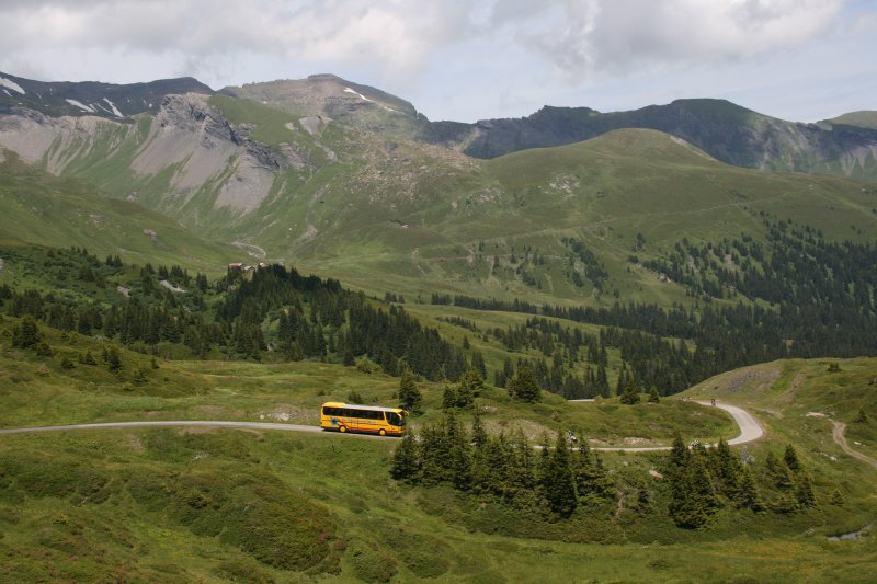 Auf der schmalen, fr den Privatverkehr gesperrten Strasse ber die Grosse Scheidegg fhrt Setra 312HD Nr. 22 von GrindelwaldBus mit einer Gruppe talwrts von der Passhhe in Richtung Schwarzwaldalp. 
