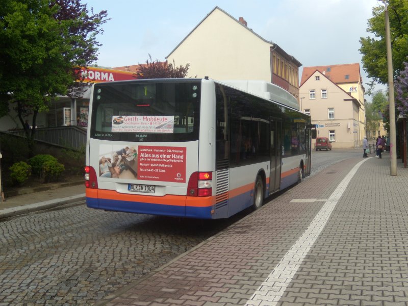 BLK-V1004, ein MAN Lion´s City CNG, am 23.04.2009 auf dem Weienfelser Busbahnhof. Er kam gerade aus Richtung Heuweg ber die Linie 1.