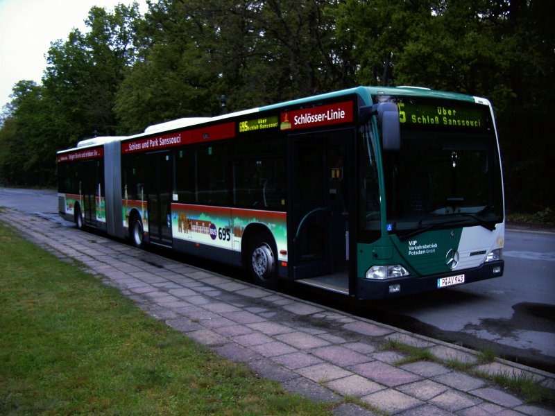 Die  Schlsser Linie  695 steht am Bahnhof Potsdam-Pirscheide. Der Bus hat extra Werbung fr Schloss Sanssouci, damit Touristen wissen das der Bus zum Schloss fhrt.