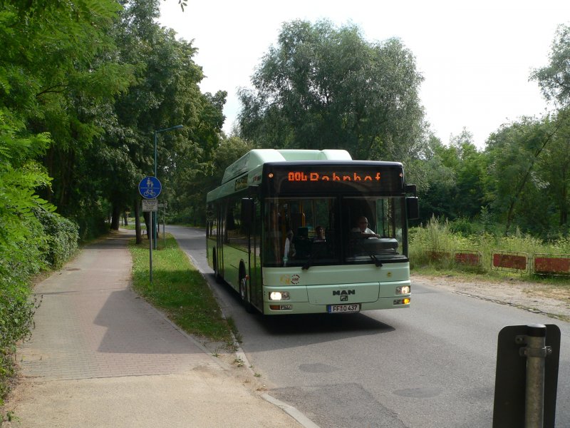 FF-O 437 der SVF (Stadtverkehrsgesellschaft Frankfurt/Oder mbH) als Linie 984 Richtung Bahnhof am 21.7.2007 in Frankfurt (Oder), Buschmhlenweg. Es war sehr hell und meine Kamera belichtete krzer als die LED-Anzeige zum Aufbau braucht.