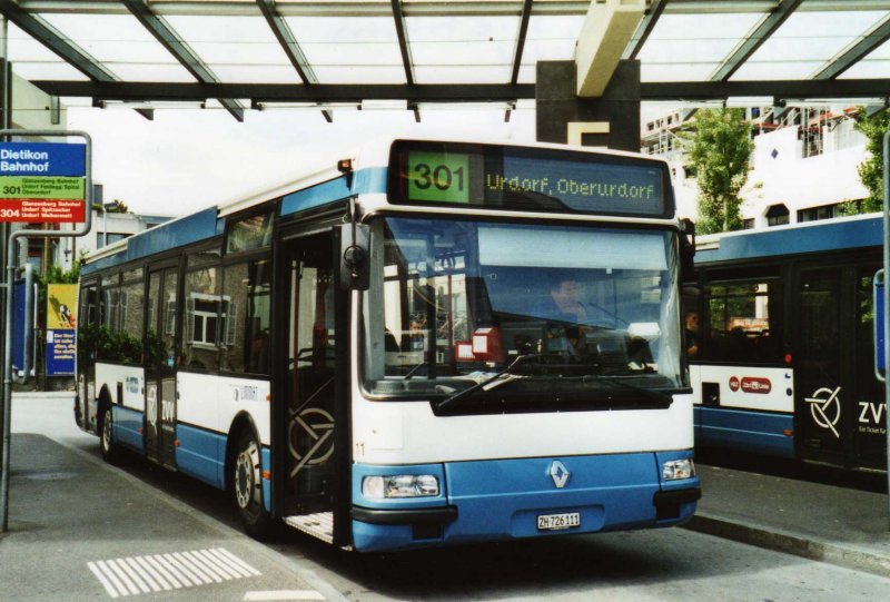 Limmat Bus, Dietikon Nr. 11/ZH 726'111 Renault (ex Hrzeler, Dietikon Nr. 37) am 8. Juni 2009 Dietikon, Bahnhof