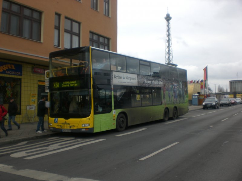 MAN Lion's City DD (Doppelstock) auf der Linie X34 nach S+U Bahnhof Zoologischer Garten am S-Bahnhof Messe Nord/ICC.