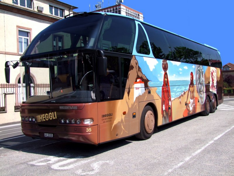 NEOPLAN der Fa. Heggli steht mit seiner faszinierenden Lackierung am Bussammelplatz in Colmar/F; 080831