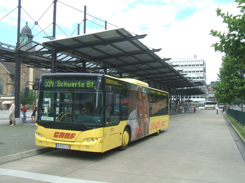 Neoplan von Graf Reisen,Linie 594,fhrt von Hagen Hbf. nach
Schwerte Bf.,Auftraggeber dieser Linie ist der BVR 