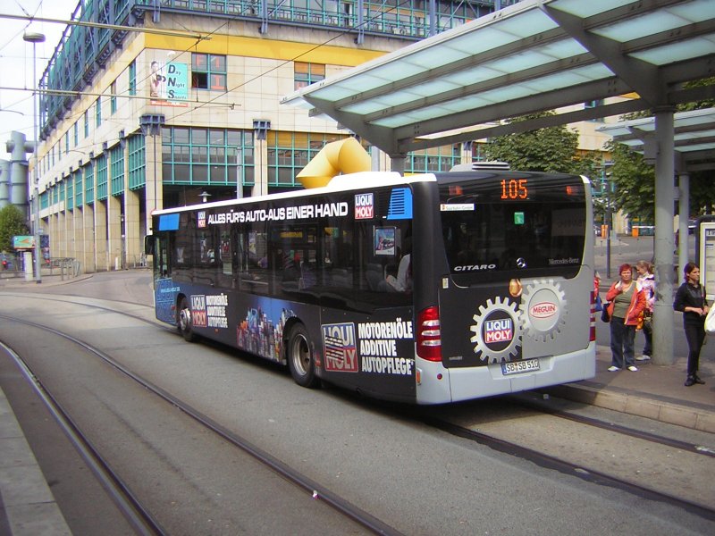 Nochmal der mit Werbung gestaltete Citaro Bus, den ich bereits in Brebach und am Rmerkastell Fotografiert habe.