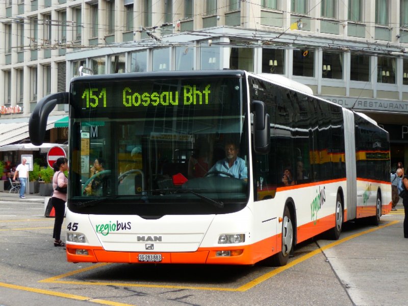 regio bus - MAN Lion`s City Gelenkbus Nr.45 SG 283883 in St.Gallen am 03.09.2008