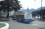 Im März 1993 ist der 1966 von FBW/Hess (elektrische Ausrüstung SAAS) hergestellte Solowagen auf der Linie 1 des Trolleybusbetriebes Lugano unterwegs.