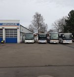 Omnibusunternehmen Heuser Mercedes Benz Citaro C2, zwei Setra Überlandbusse und ein Setra Reisebus am 03.03.17 in Langenselbold vom Gehweg aus fototgrafiert