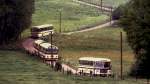 Luxemburg, Lamadelaine, Henschel HS 160 USL-G Gelenkbus zwischen zwei VanHool Bussen. Diese Busse bringen auf schmalen Wegen die Fahrgäste der Museumsbahn Fond-de-Gras zum ehemaligen Terminus  Fuussbësch . Scan eines Dias aus dem Jahr 1976.