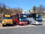 Chevrolet als Seebrückenexpress und Setra 416 GT-HD von WF-Reisen und Setra 417 HDH von Ehlers-Reisen aus Deutschland im Stadthafen Sassnitz am 26.03.2016