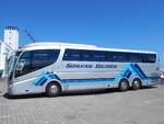 Scania Irizar von Sørens Rejser aus Dänemark im Stadthafen Sassnitz im Jahr 2016
