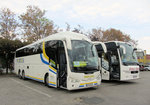 Links ein Scania Irizar vom Busunternehmen Ebeling aus der BRD und rechts ein Volvo 9700 von Peter Bus aus Wien in Krems gesehen.