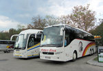 Links ein Scania Irizar vom Busunternehmen Ebeling aus der BRD und rechts ein Volvo 9700 von Peter Bus aus Wien in Krems gesehen.