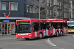 MAN Lions City 160, mit einer Werbung für den Panorama Center Thun, auf der Linie 3, fährt zur Haltestelle beim Bahnhof Thun. Die Aufnahme stammt vom 30.03.2016.