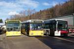 Drei ehemalige schweizer Busse in Schwarzenberg: Mercedes-Benz Citaro (in der Lackierung der BLT Baselland Transport AG), Mercedes-Benz O 405 N (in der Lackierung der PostAuto Schweiz AG) sowie