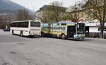 Ein Gräf & Stift und ein Mercedes-Benz O 530 I von Bundschuh-Reisen unterwegs als Stadbus 1 (Lienz Bahnhof - Lienz Michaelsplatz - Tristach - Lienz Bahnhof), am 6.4.2016 bei der Haltestelle Lienz
