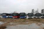 Vier RackTours MAN Lions City und ein Setra Überlandbus am 31.12.18 in Erlensee auf dem ehemaligen Fliegerhorst der US Army.