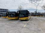 PostAuto Citaro L, MAN Lions City G, Solaris Urbino 18 und ein Citaro Facelift LE am 17.3.20 bei Interbus in Yverdon parkiert.