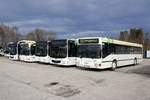 Bus Erzgebirge: MAN EL (MEK-BV 18), MAN Lion's City M, MAN Lion's City Ü sowie MAN EL (ASZ-BV 74) der RVE (Regionalverkehr Erzgebirge GmbH), aufgenommen im Februar 2020 in Eibenstock