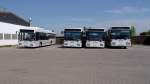 Ein Teil der Busflotte von Busverkehr Zipper GmbH, bestehend aus zwei Mercedes-Benz O 405 NÜ, einem O 405 N CNG mit Erdgasantrieb und einem O 407, stand am 18.5.12 auf dem BVZ Betriebshof in