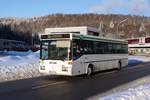 Bus Erzgebirge: Mercedes-Benz O 407 (ERZ-RV 391) der RVE (Regionalverkehr Erzgebirge GmbH), aufgenommen im Februar 2021 in Antonsthal, einem Ortsteil von Breitenbrunn / Erzgebirge.