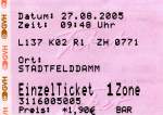 HANNOVER, 27.08.2009, Busticket vom Stadtfelddamm zum Hauptbahnhof -- Fahrkarte eingescannt
