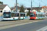 Bus (MAN NG 323  RSVG ) und Straßenbahn der SWB auf der Kennedybrücke in Bonn - 20.03.2014