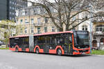 MAN Lions City Hybridbus von Südbadenbus steht am 25.03.2026 auf einem Ausstellplatz beim Bahnhof Lörrach.