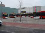 Acht Neufahrzeuge der Saar-Pfalz-Bus bei der Präsentation auf dem Homburger Christian-Weber-Platz am 22.1.2011. Es handelt sich um die Wagen RV 501 - 506(alle LionsCity Ü) und RV 602 - 603 (LionsCityÜ CNG).