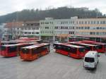Acht Neufahrzeuge der Saar-Pfalt-Bus bei der Prsentation auf dem Homburger Christian-Weber-Platz am 22.1.2011.